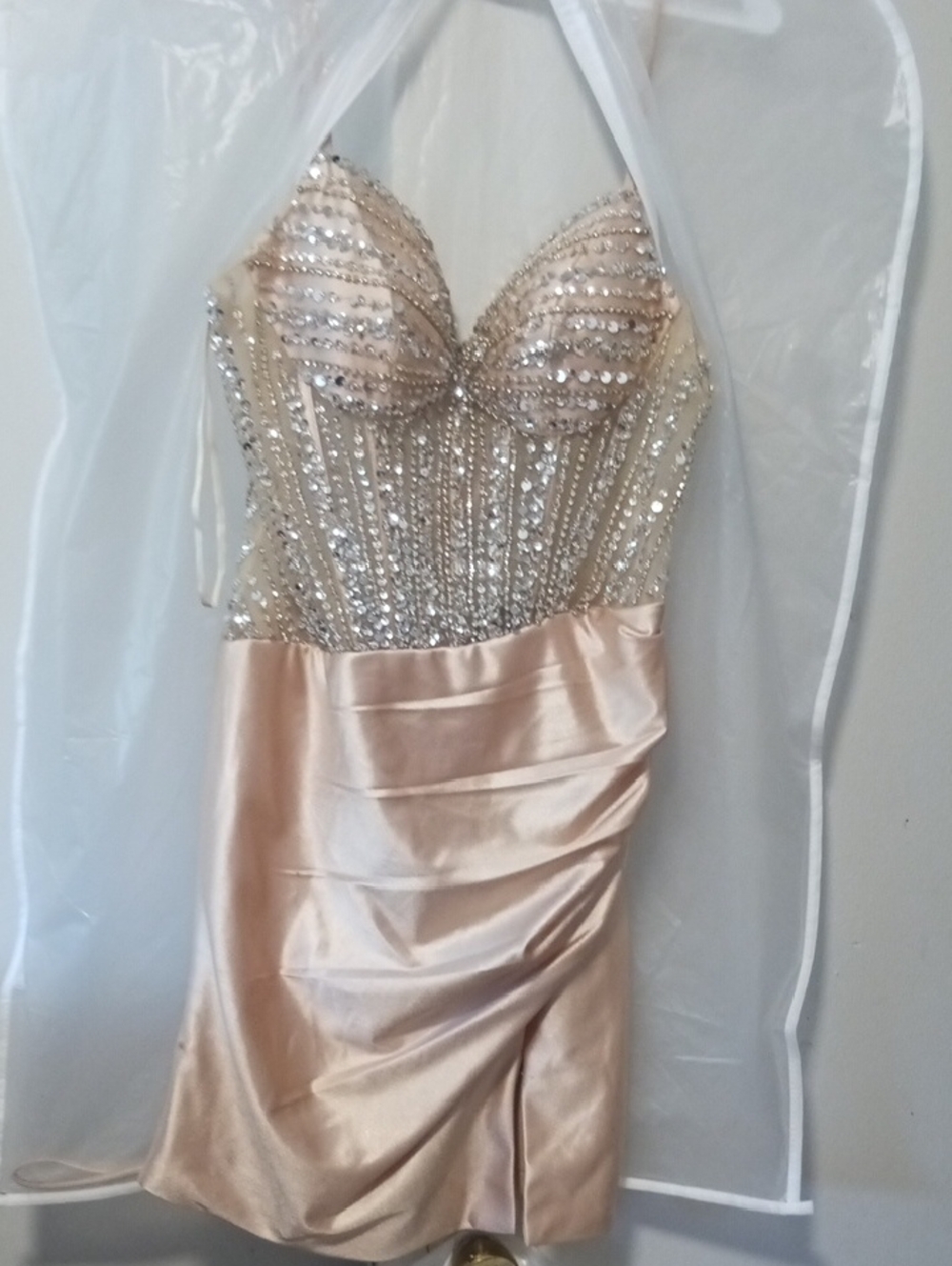 Sequined Champagne Halter Dress with Satin Skirt